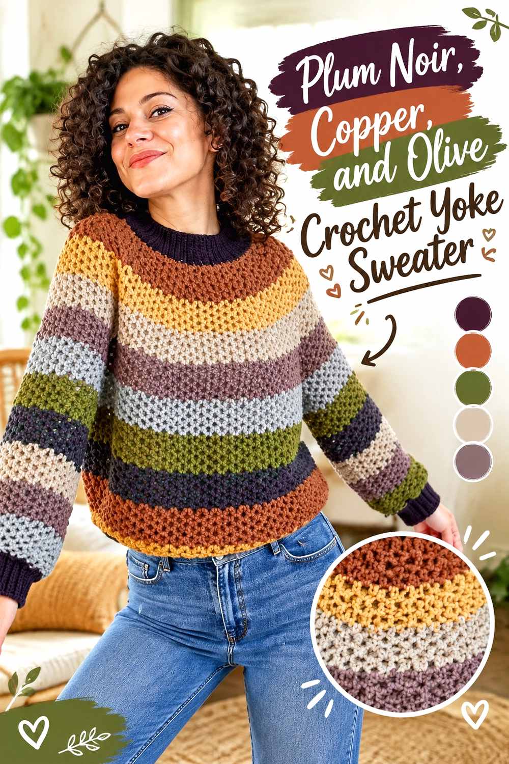 12. Plum Noir Copper And Olive Crochet Yoke Sweater