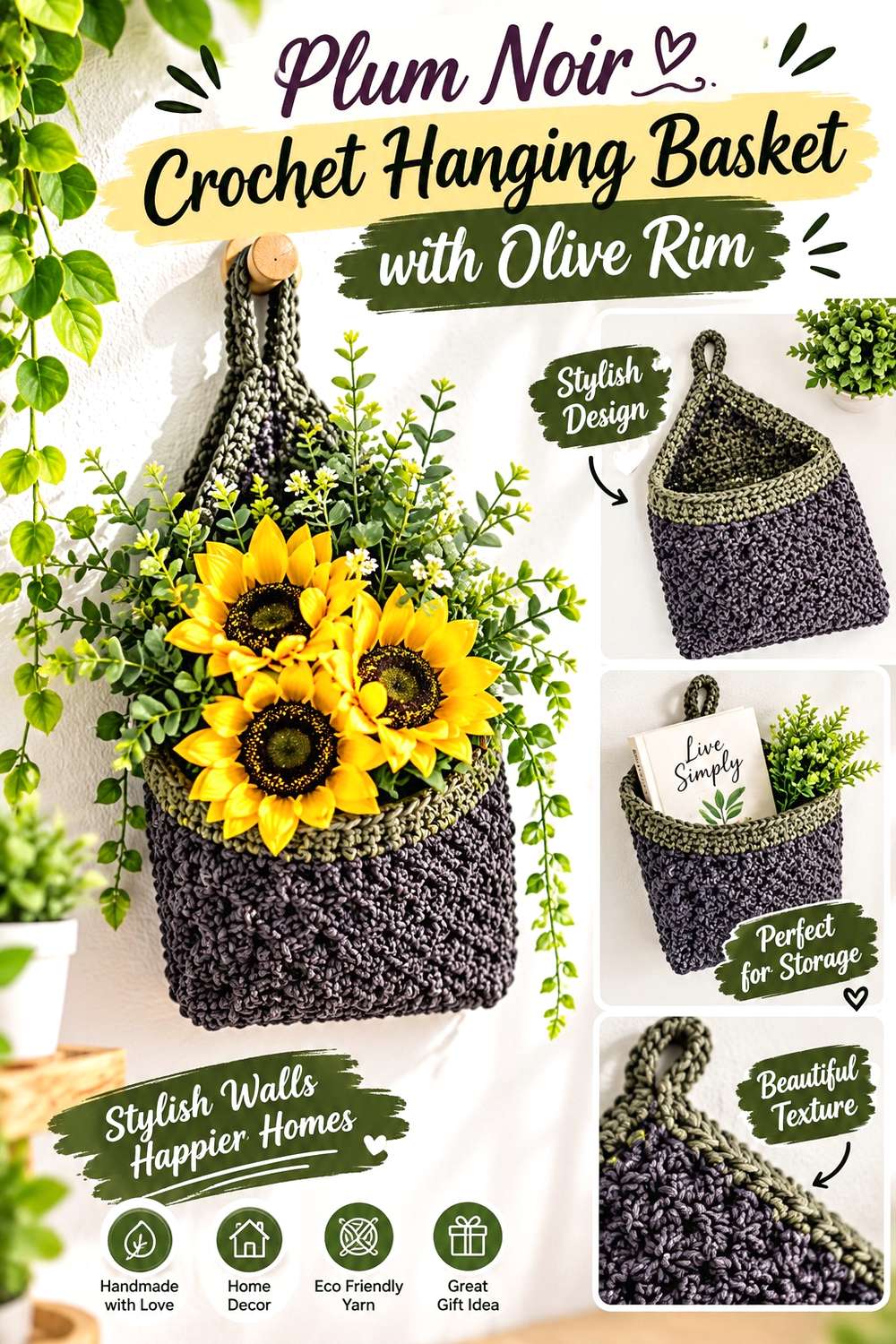 Plum Noir Crochet Hanging Basket with Olive Rim