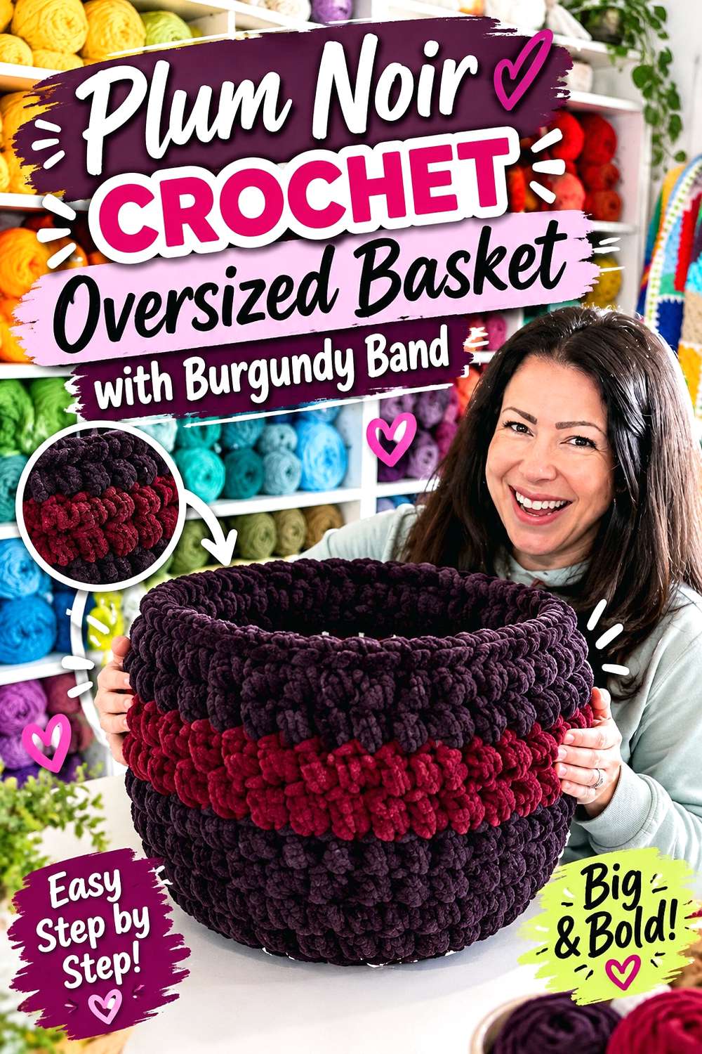 Plum Noir Crochet Oversized Basket with Burgundy Band