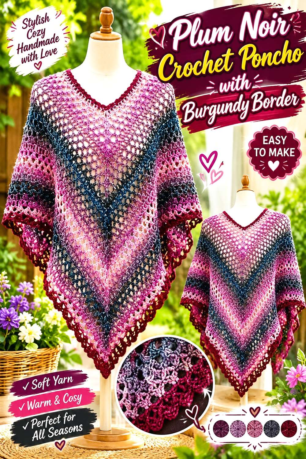 Plum Noir Crochet Poncho with Burgundy Border