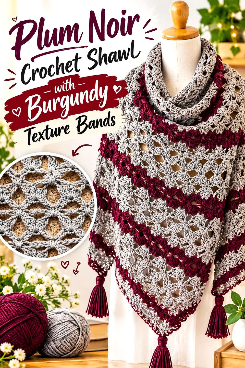 Plum Noir Crochet Shawl with Burgundy Texture Bands