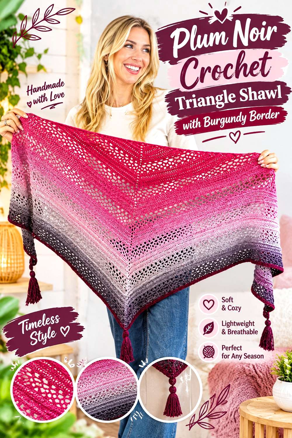 Plum Noir Crochet Triangle Shawl with Burgundy Border