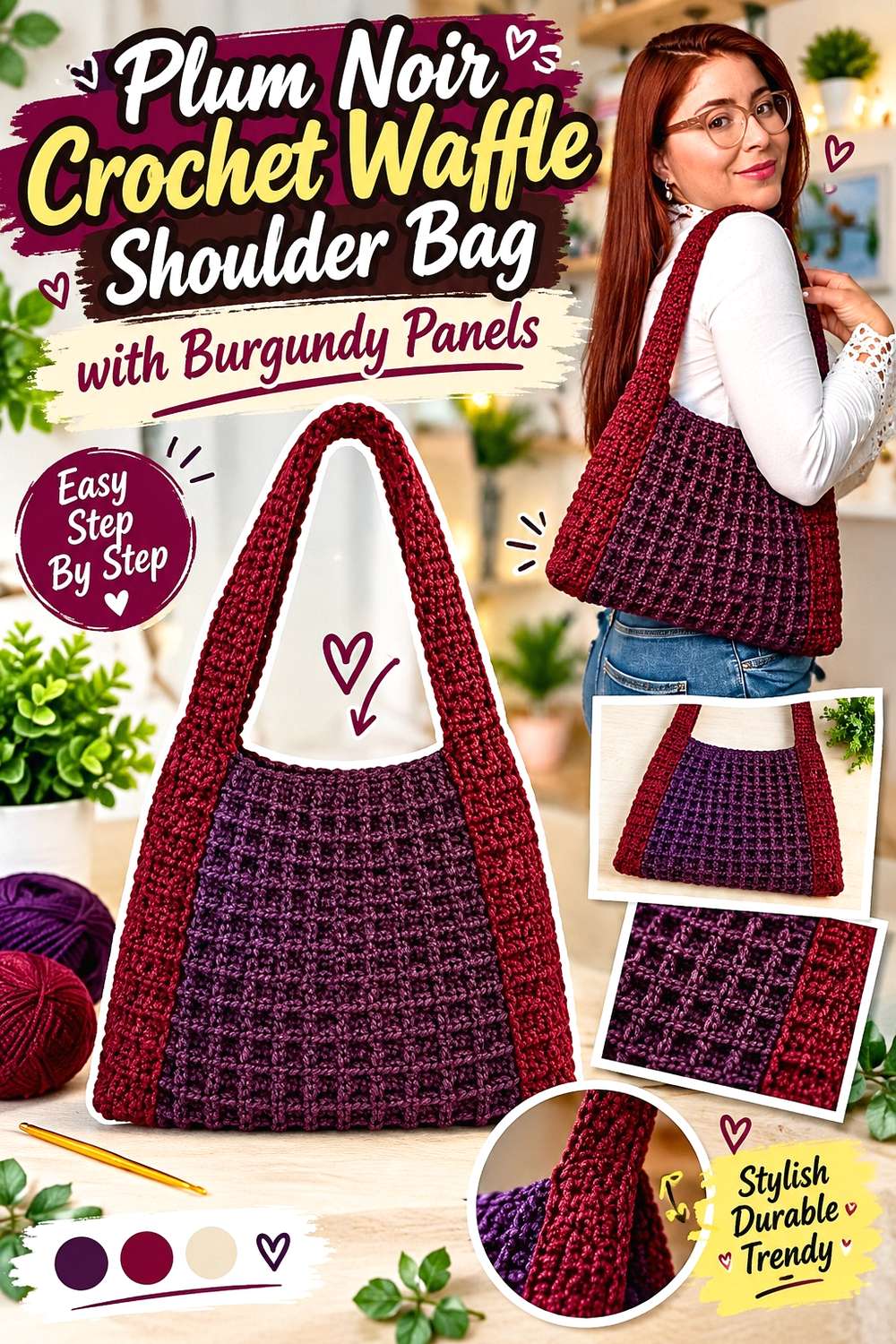 Plum Noir Crochet Waffle Shoulder Bag with Burgundy Panels