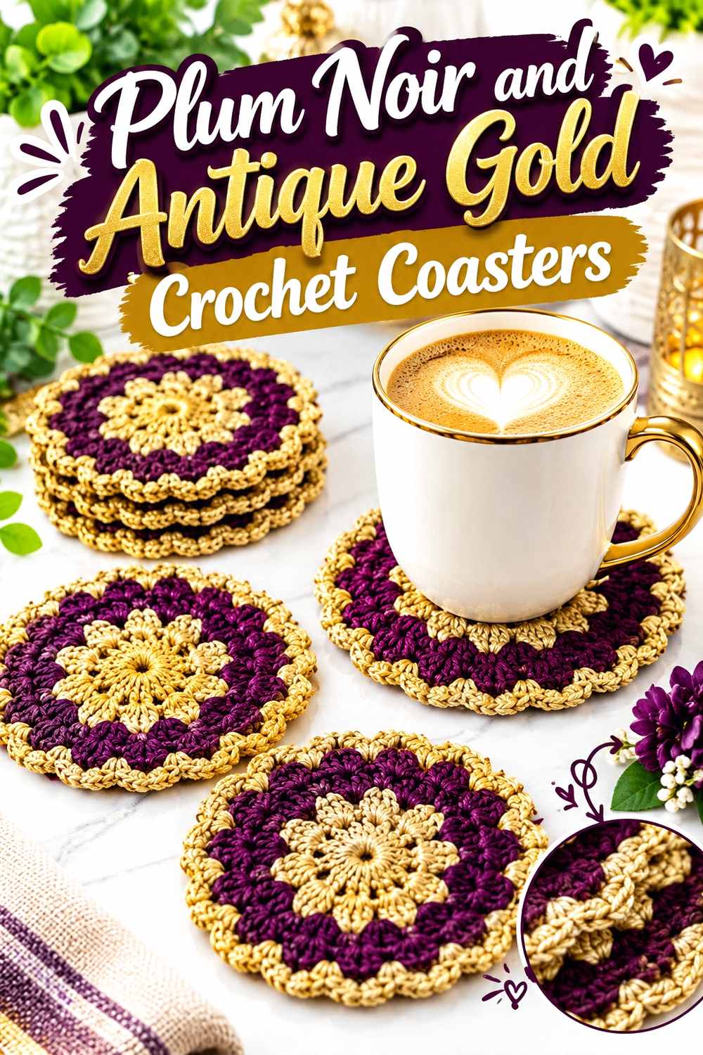 13. Plum Noir And Antique Gold Crochet Coasters