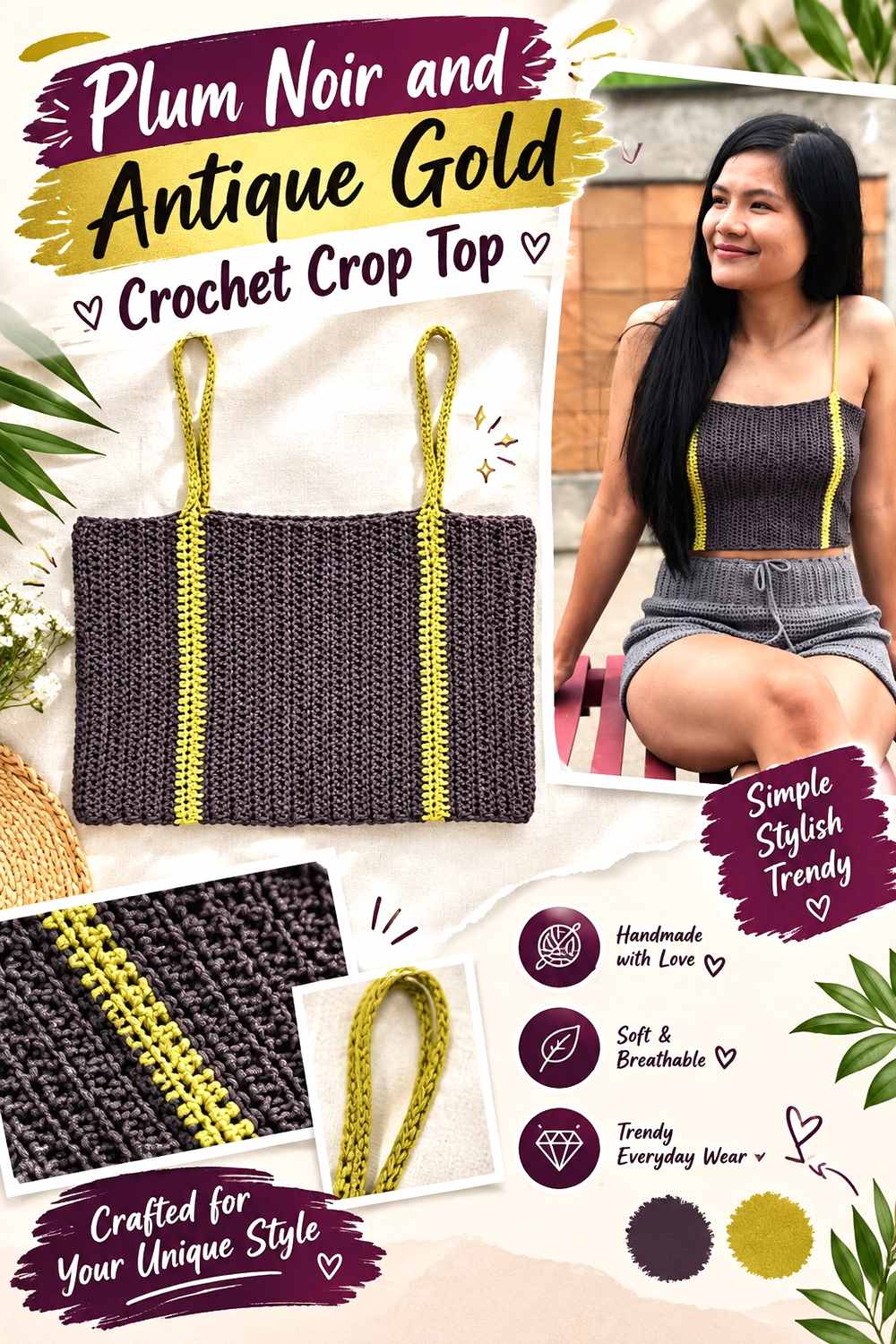 10. Plum Noir And Antique Gold Crochet Crop Top