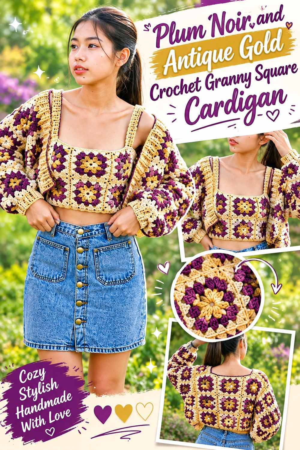 2. Plum Noir And Antique Gold Crochet Granny Square Cardigan