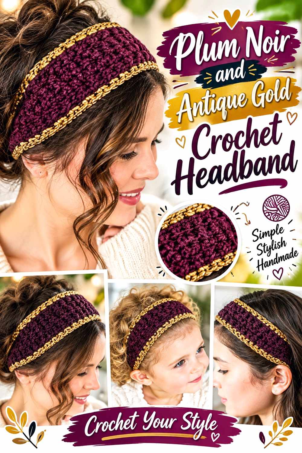 15. Plum Noir And Antique Gold Crochet Headband