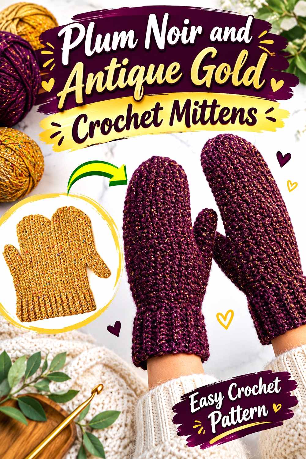 12. Plum Noir And Antique Gold Crochet Mittens