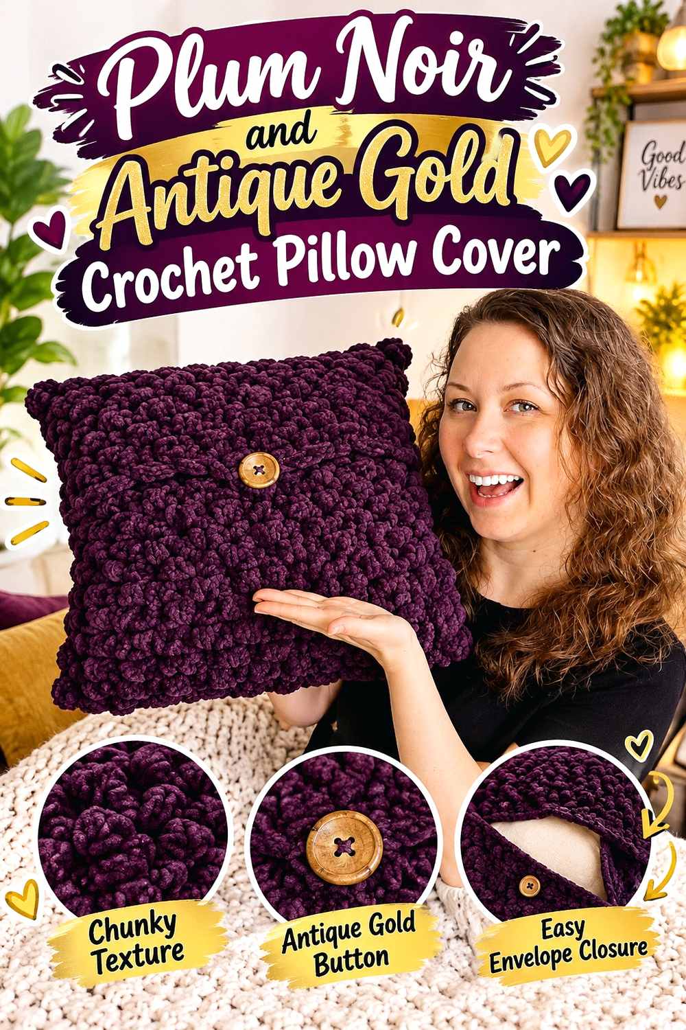 17. Plum Noir And Antique Gold Crochet Pillow Cover