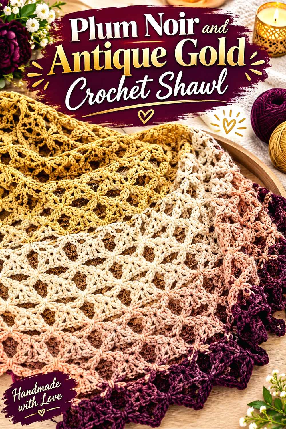 6. Plum Noir And Antique Gold Crochet Shawl