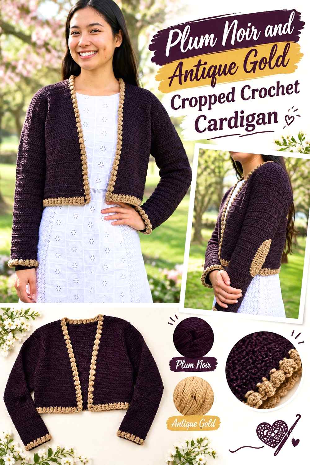 9. Plum Noir And Antique Gold Cropped Crochet Cardigan