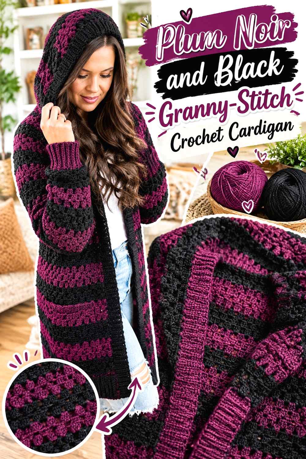 8. Plum Noir And Black Granny Stitch Crochet Cardigan