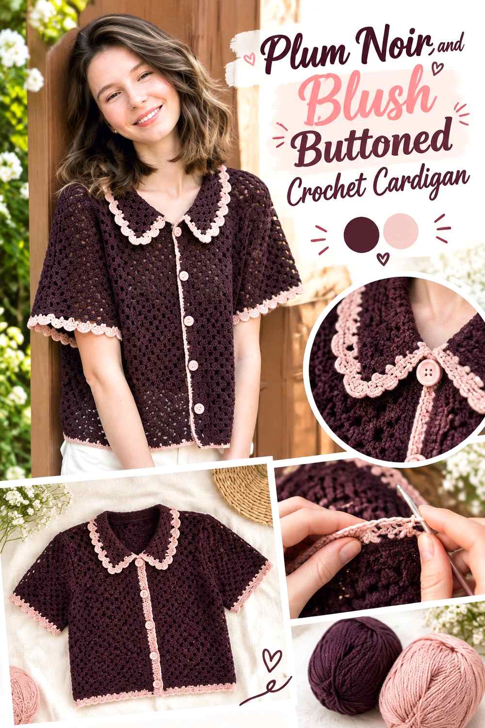14. Plum Noir And Blush Buttoned Crochet Cardigan