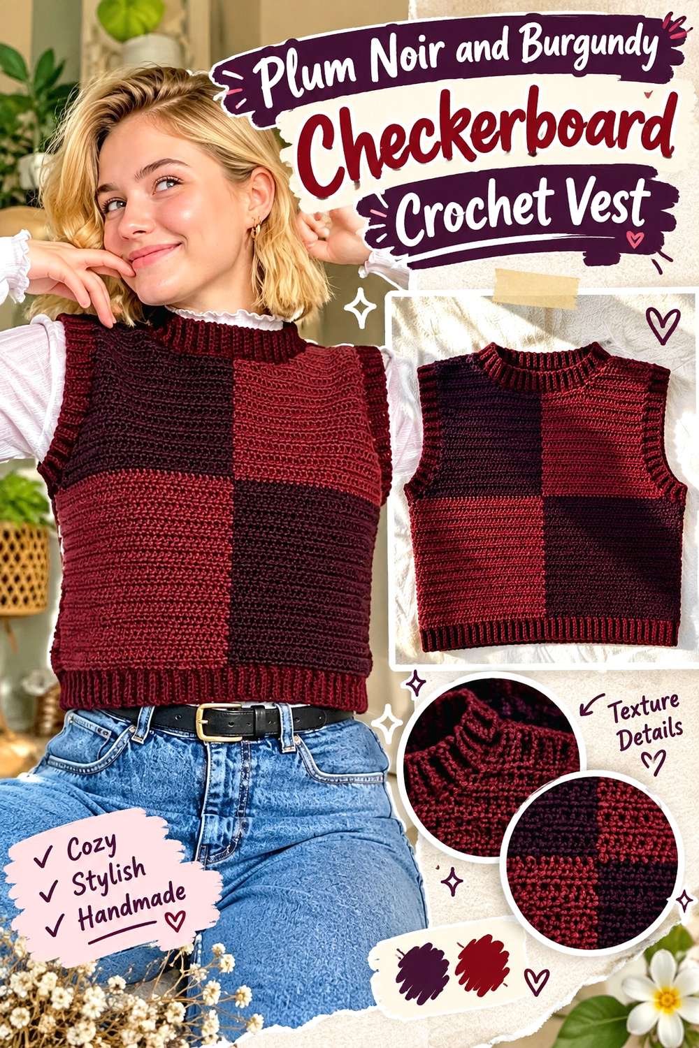 Plum Noir and Burgundy Checkerboard Crochet Vest