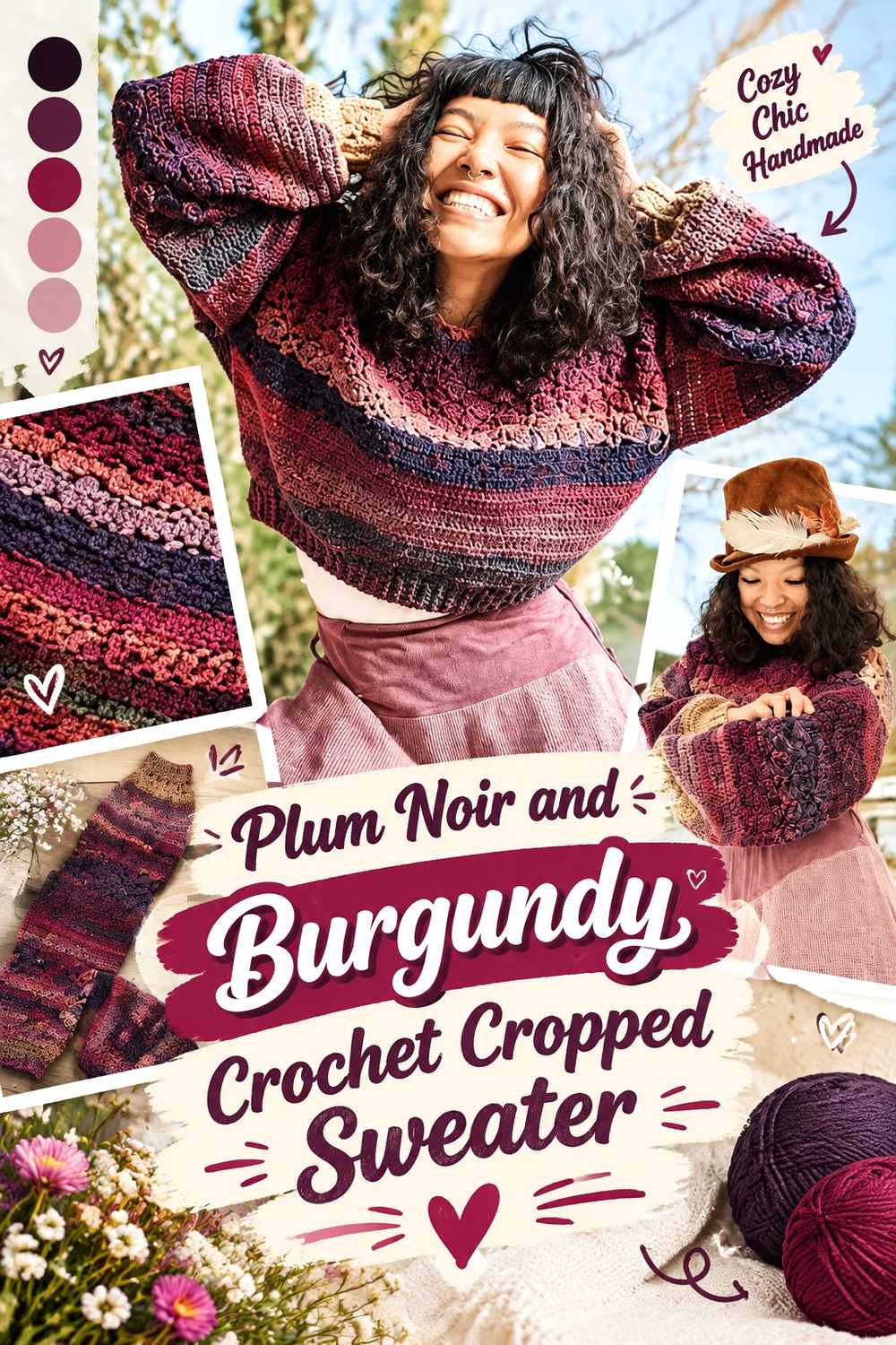 15. Plum Noir And Burgundy Crochet Cropped Sweater