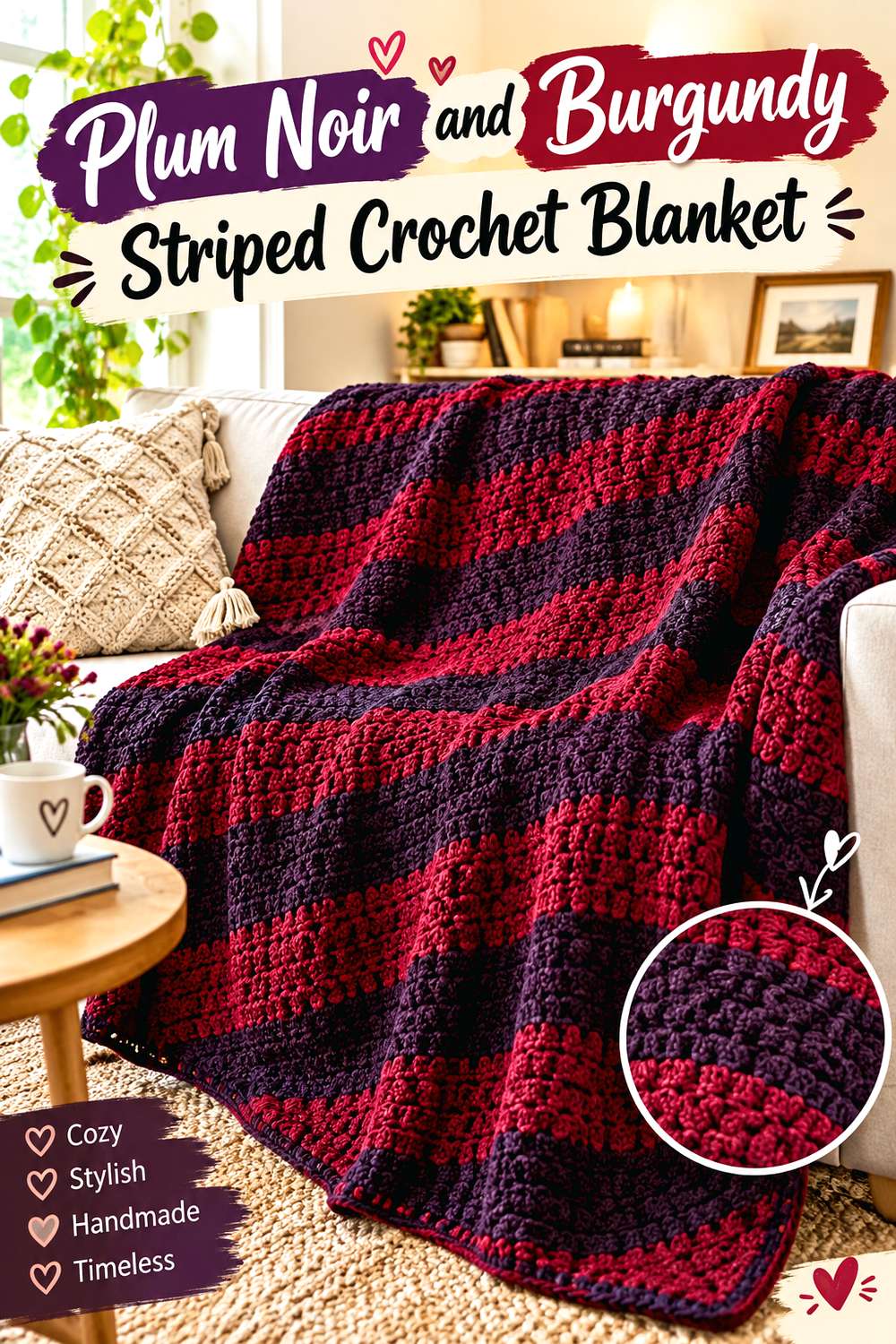 Plum Noir and Burgundy Striped Crochet Blanket