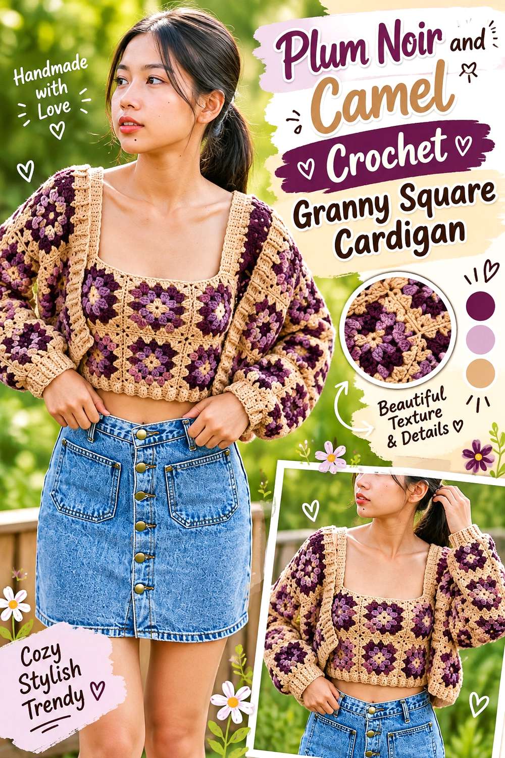 2. Plum Noir And Camel Crochet Granny Square Cardigan