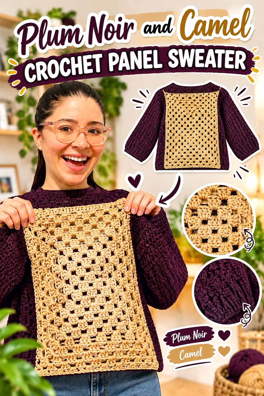 5. Plum Noir And Camel Crochet Panel Sweater
