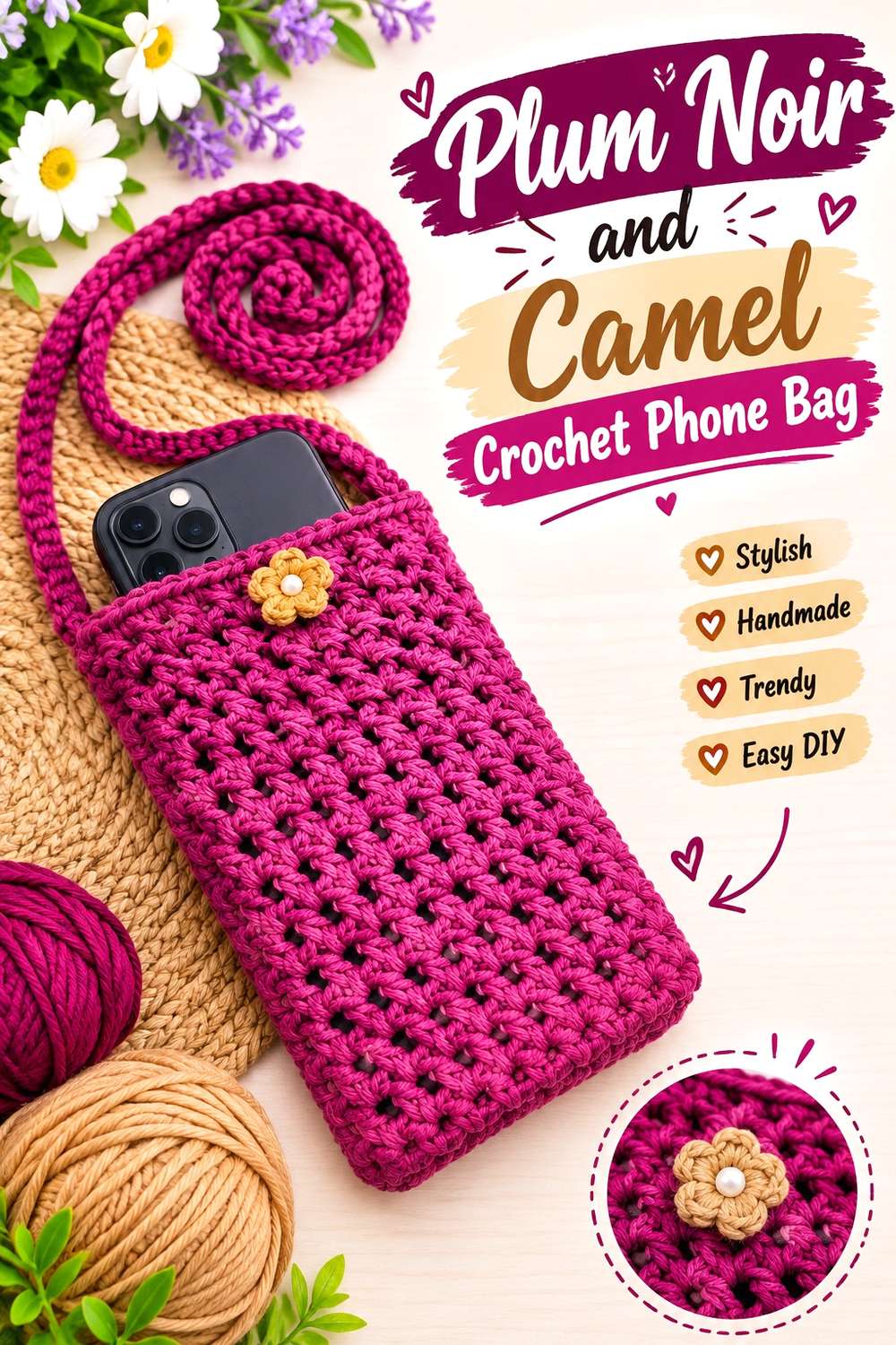 24. Plum Noir And Camel Crochet Phone Bag