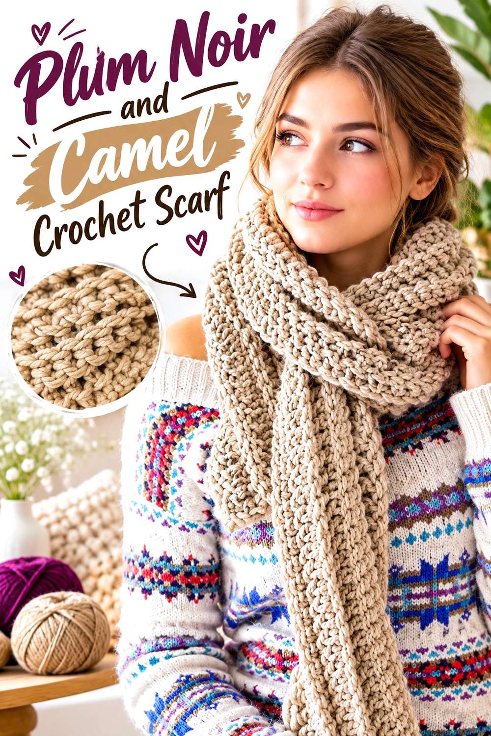 6. Plum Noir And Camel Crochet Scarf