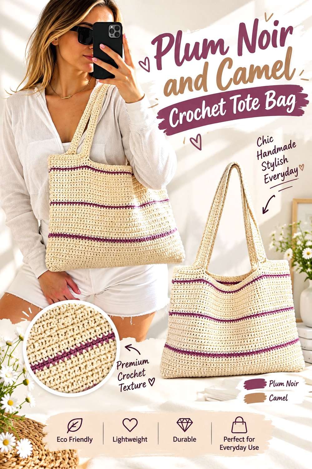 9. Plum Noir And Camel Crochet Tote Bag