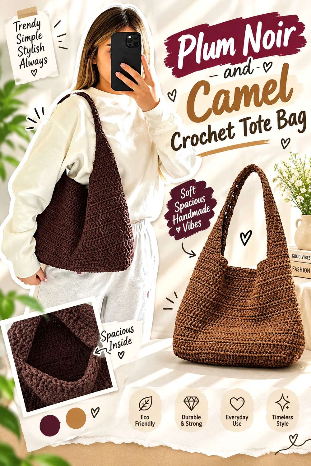 9. Plum Noir And Camel Crochet Tote Bag