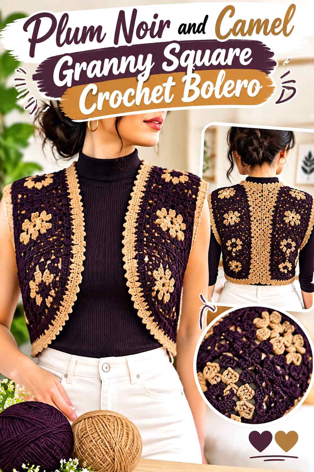 15. Plum Noir And Camel Granny Square Crochet Bolero