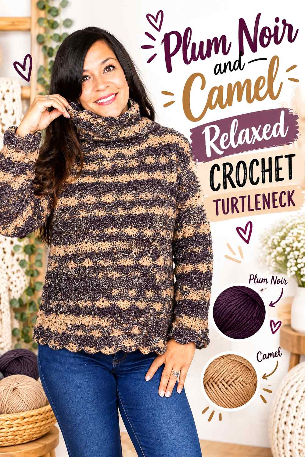 5. Plum Noir And Camel Relaxed Crochet Turtleneck