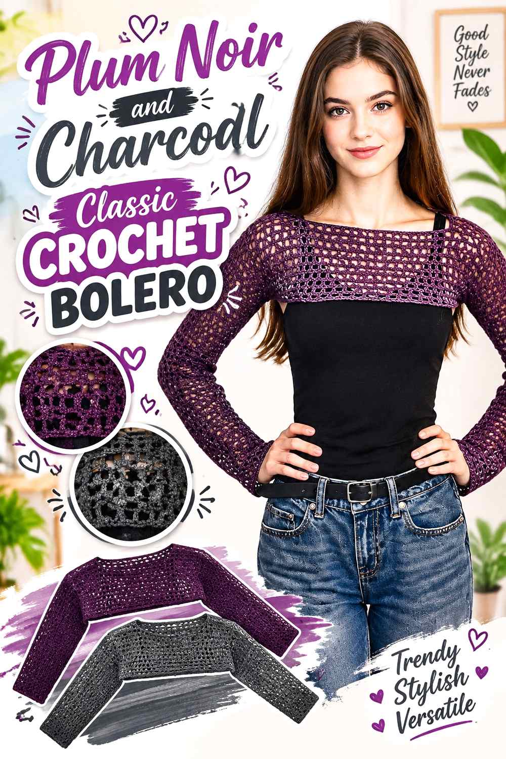 4. Plum Noir And Charcoal Classic Crochet Bolero