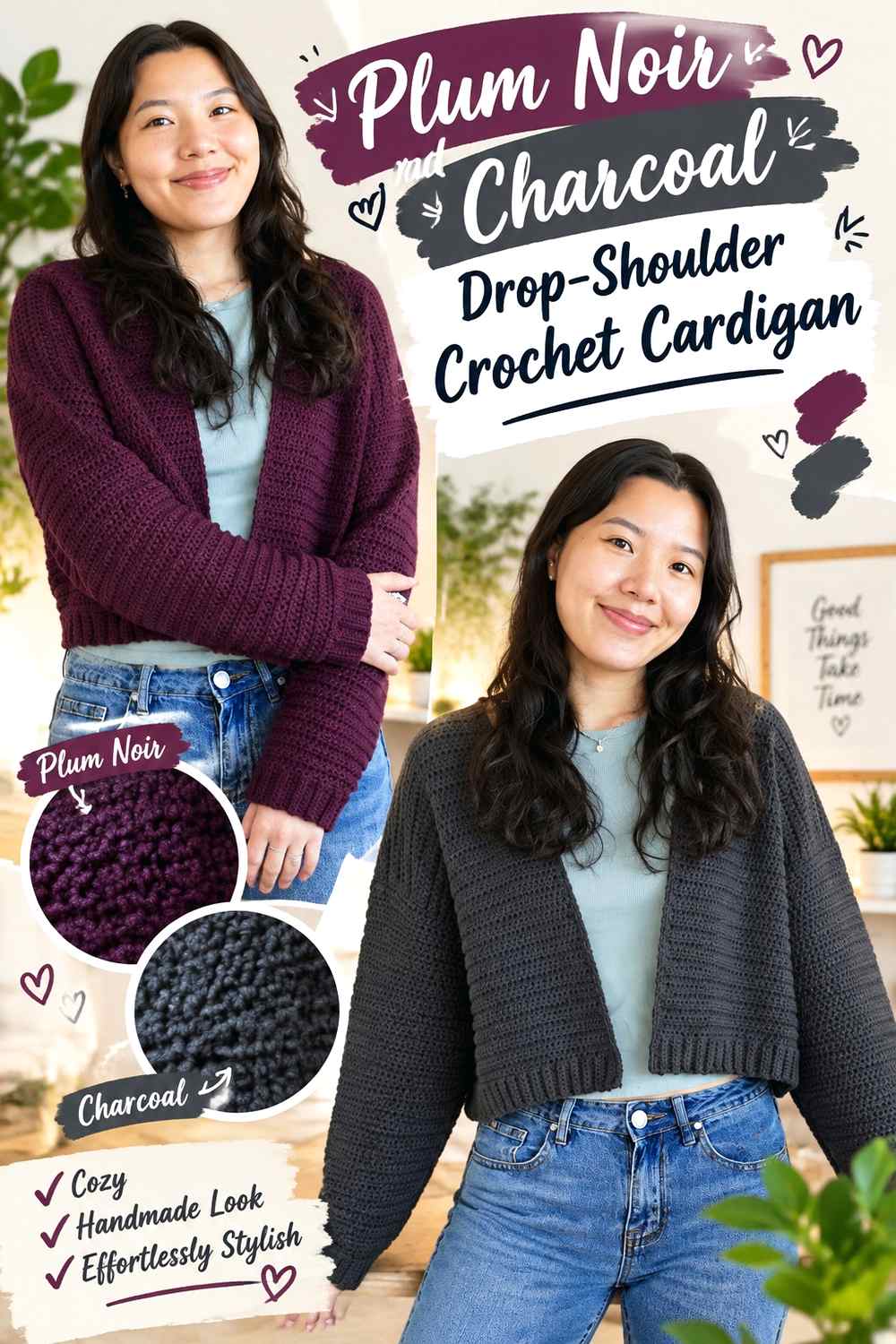 6. Plum Noir And Charcoal Drop Shoulder Crochet Cardigan