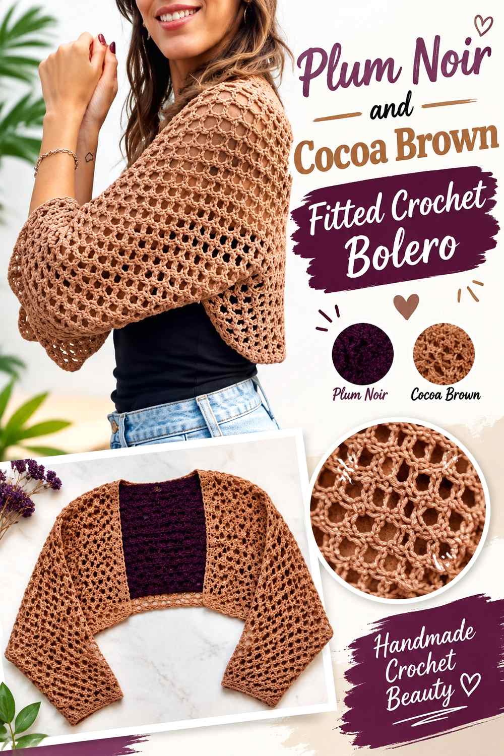 7. Plum Noir And Cocoa Brown Fitted Crochet Bolero