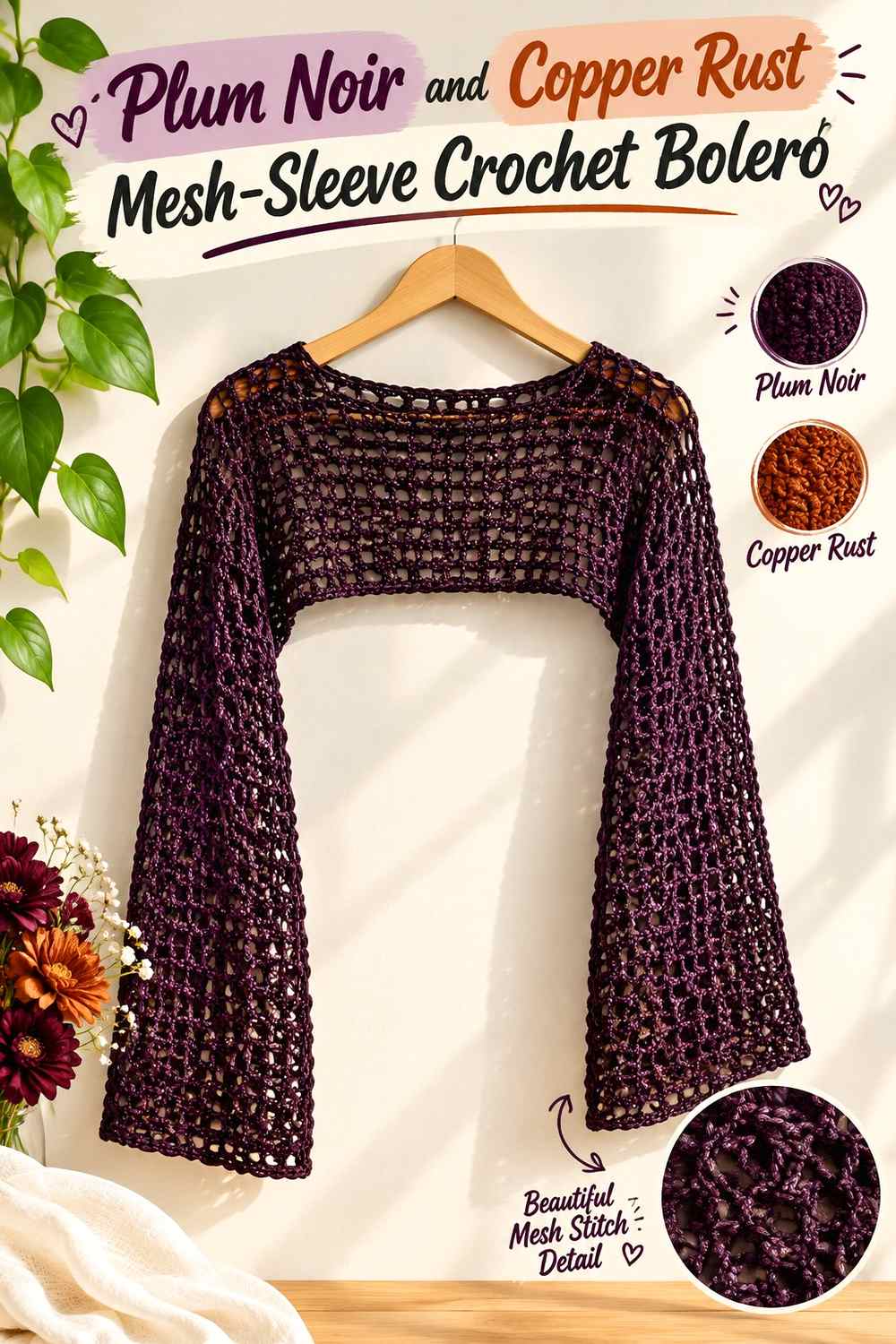 11. Plum Noir And Copper Rust Mesh Sleeve Crochet Bolero