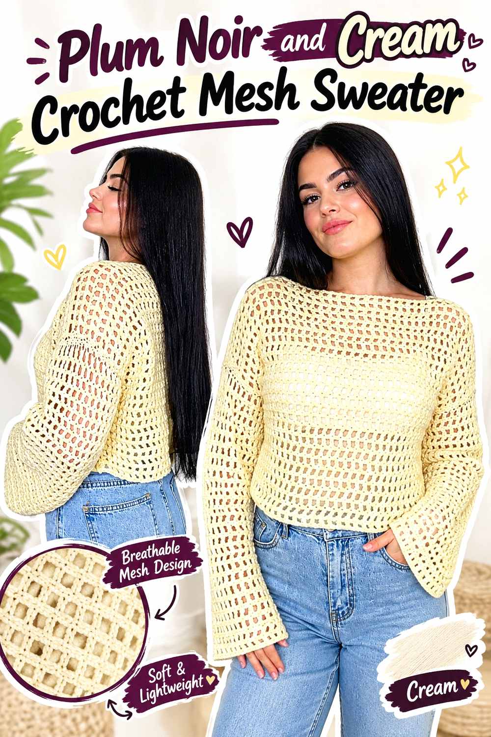 1. Plum Noir And Cream Crochet Mesh Sweater