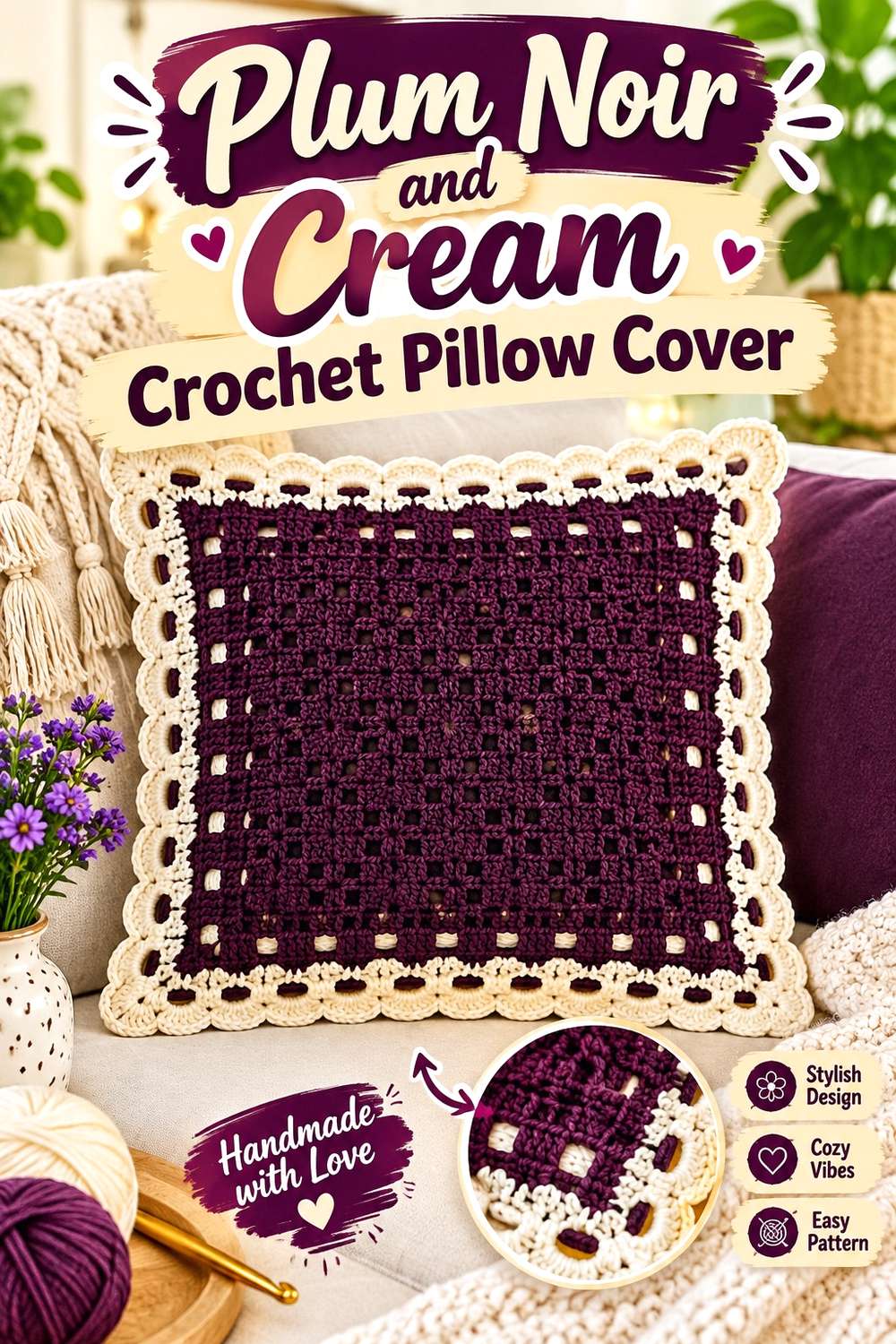 18. Plum Noir And Cream Crochet Pillow Cover
