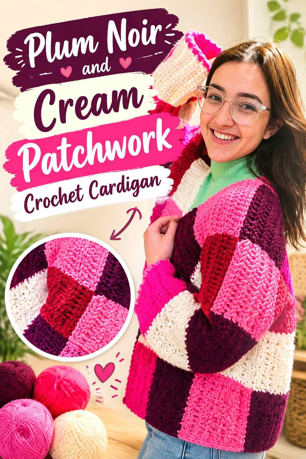 1. Plum Noir And Cream Patchwork Crochet Cardigan