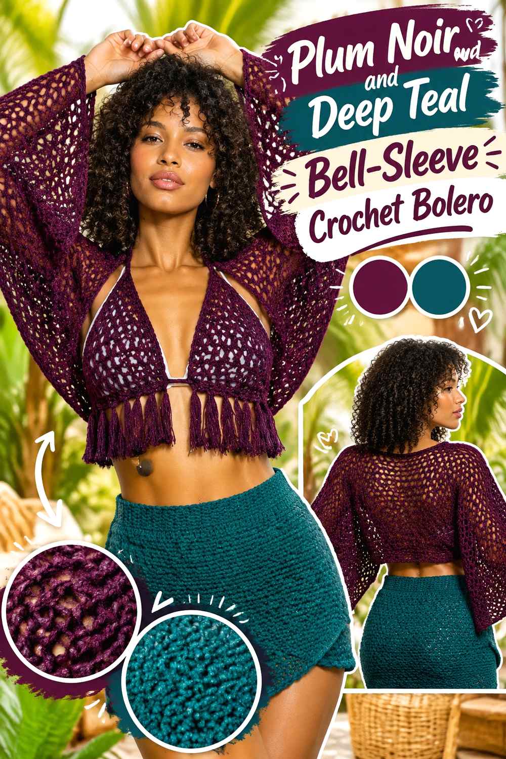 8. Plum Noir And Deep Teal Bell Sleeve Crochet Bolero