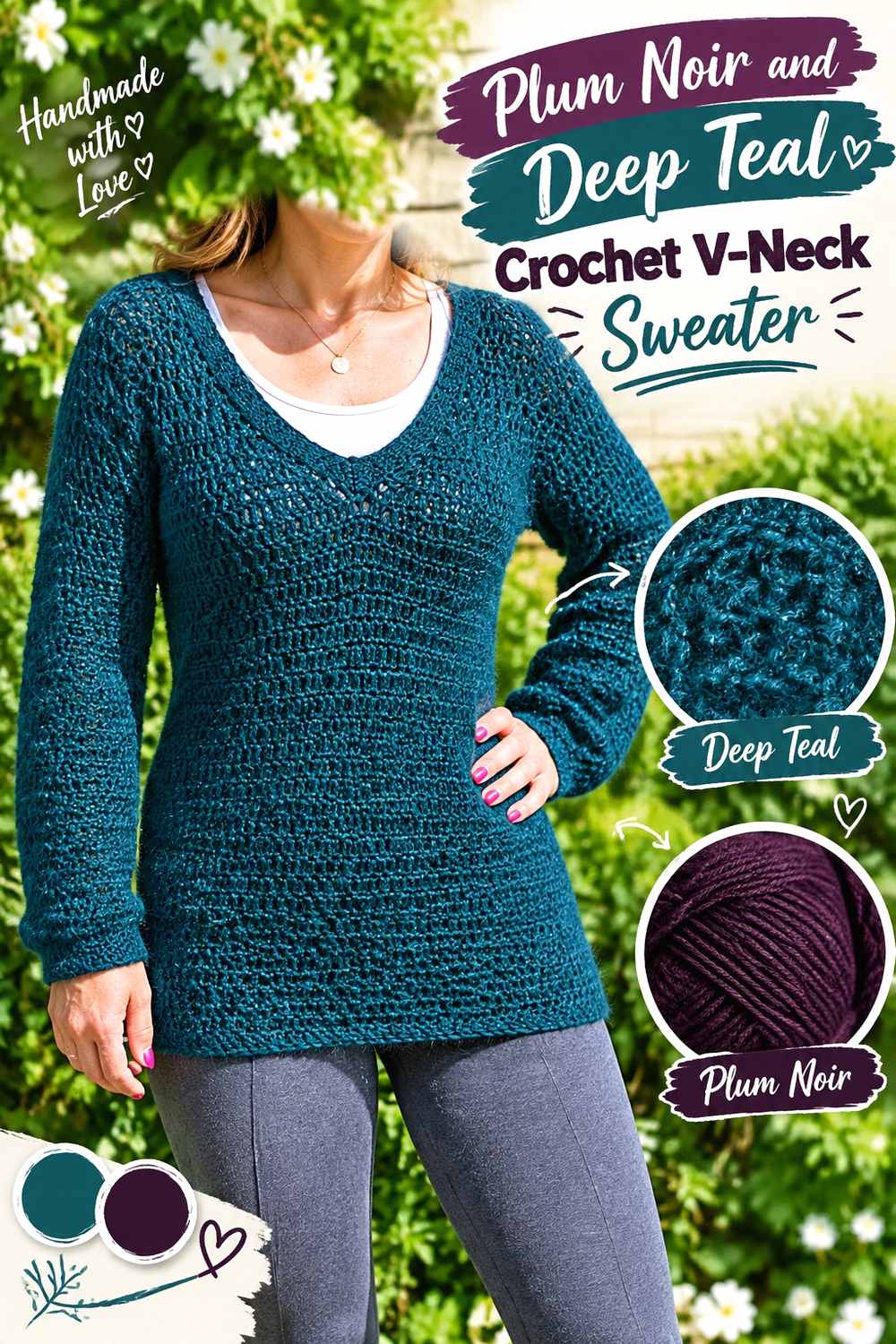 13. Plum Noir And Deep Teal Crochet V Neck Sweater