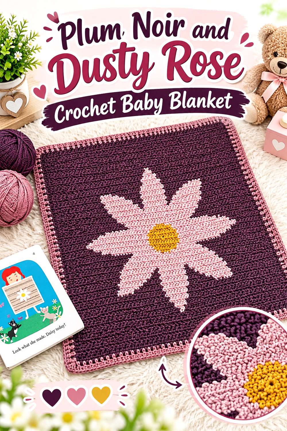 1. Plum Noir And Dusty Rose Crochet Baby Blanket