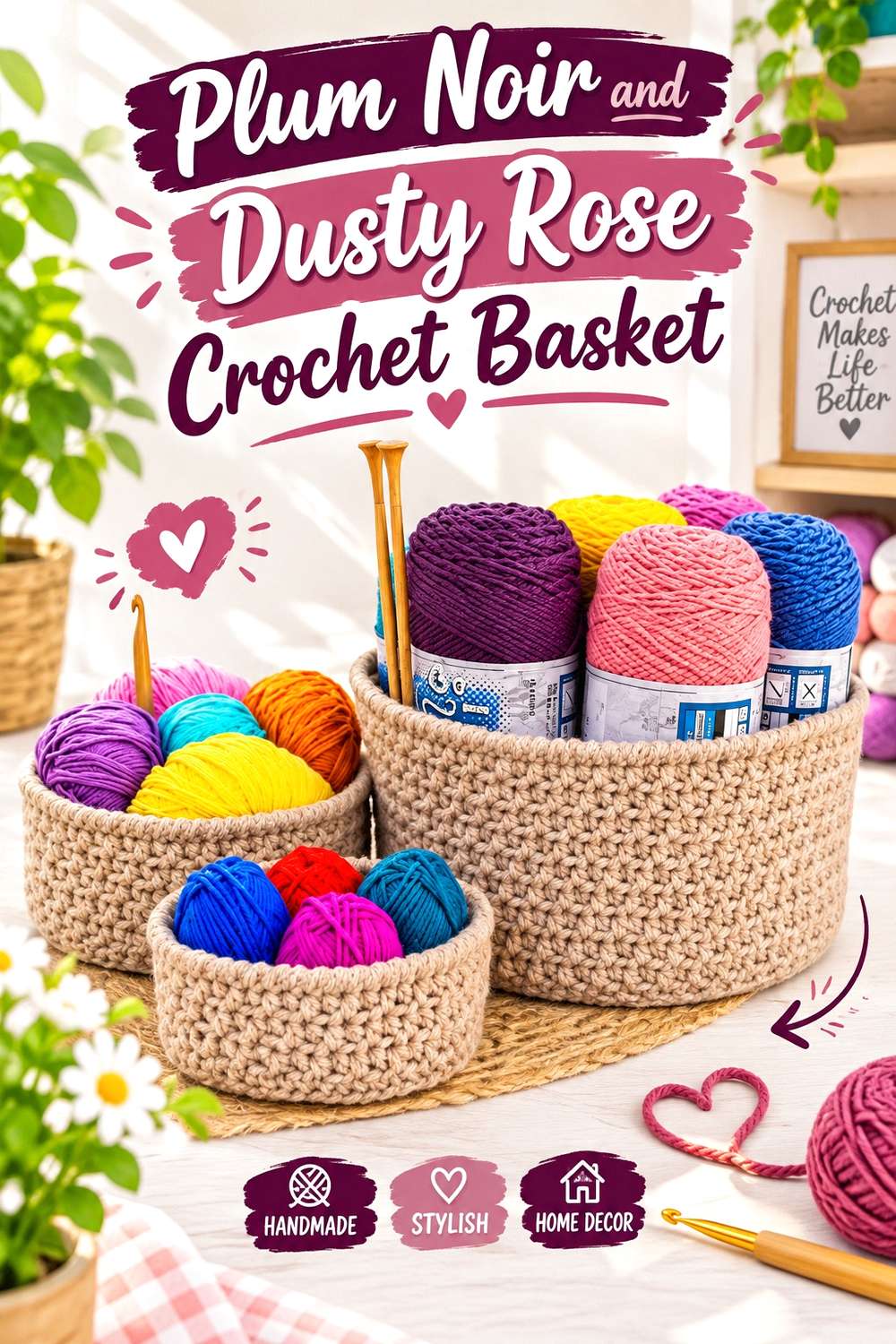 9. Plum Noir And Dusty Rose Crochet Basket