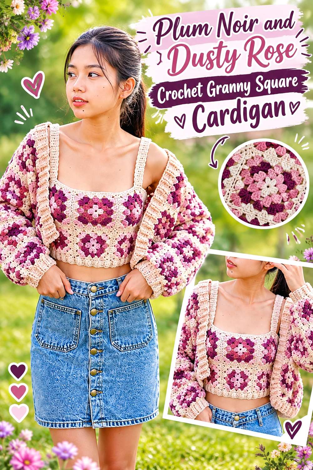 2. Plum Noir And Dusty Rose Crochet Granny Square Cardigan