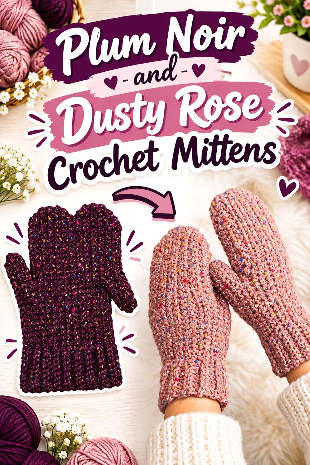 12. Plum Noir And Dusty Rose Crochet Mittens