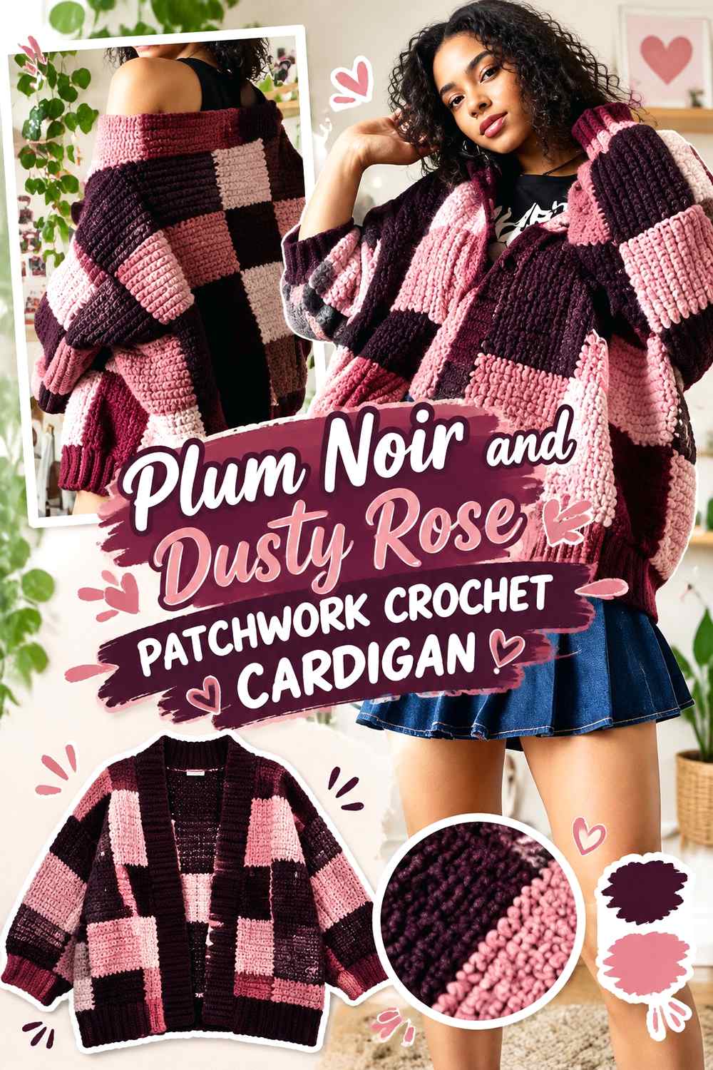2. Plum Noir And Dusty Rose Patchwork Crochet Cardigan