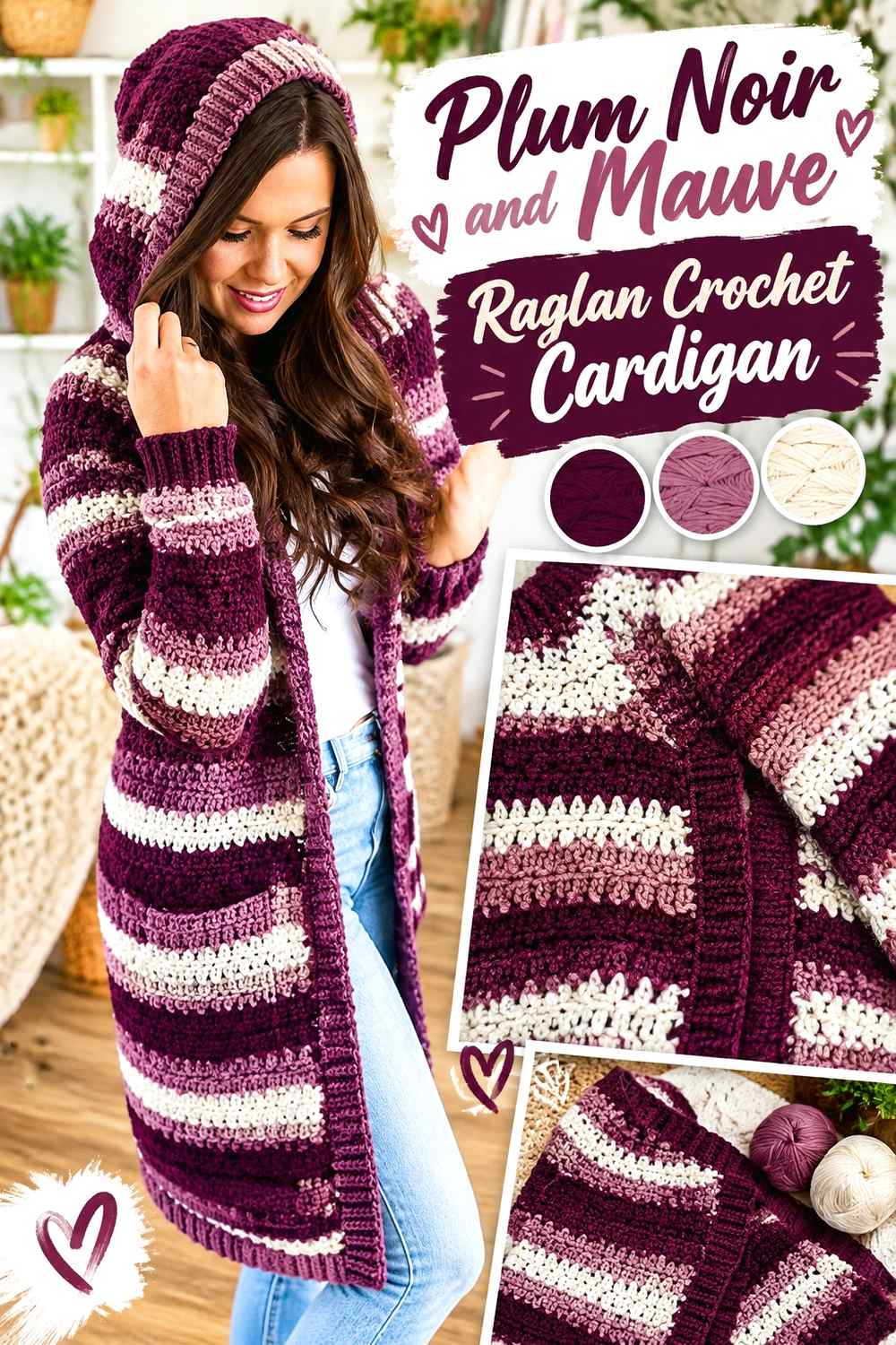 7. Plum Noir And Mauve Raglan Crochet Cardigan