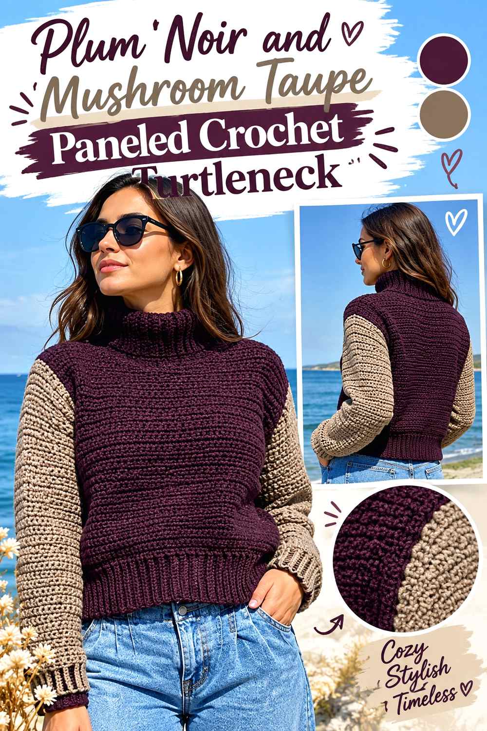 6. Plum Noir And Mushroom Taupe Paneled Crochet Turtleneck