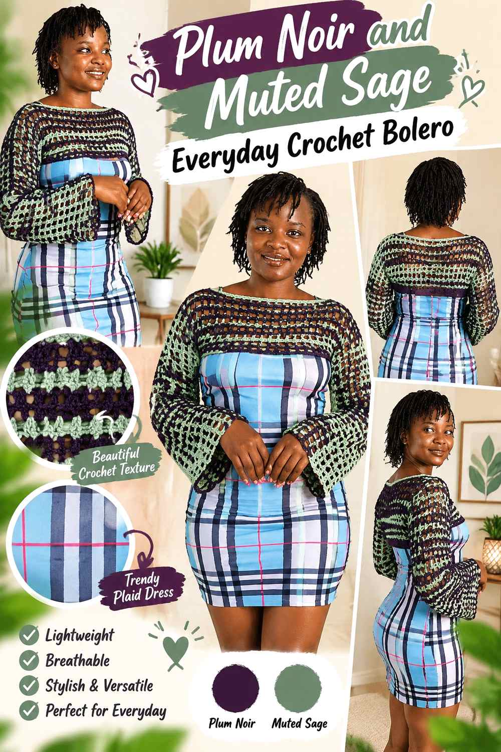 5. Plum Noir And Muted Sage Everyday Crochet Bolero