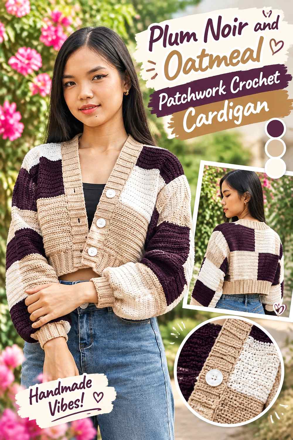 3. Plum Noir And Oatmeal Patchwork Crochet Cardigan