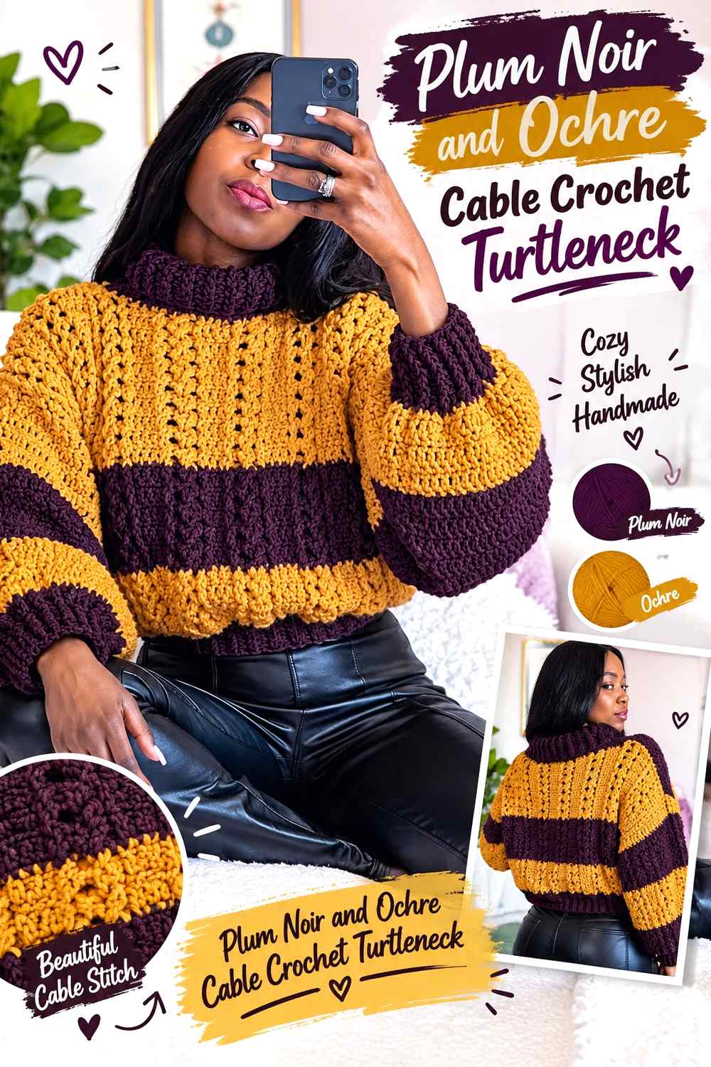 3. Plum Noir And Ochre Cable Crochet Turtleneck