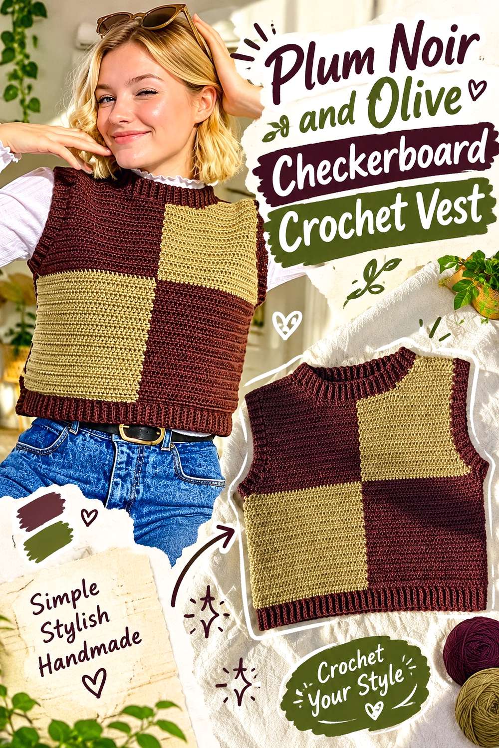 Plum Noir and Olive Checkerboard Crochet Vest