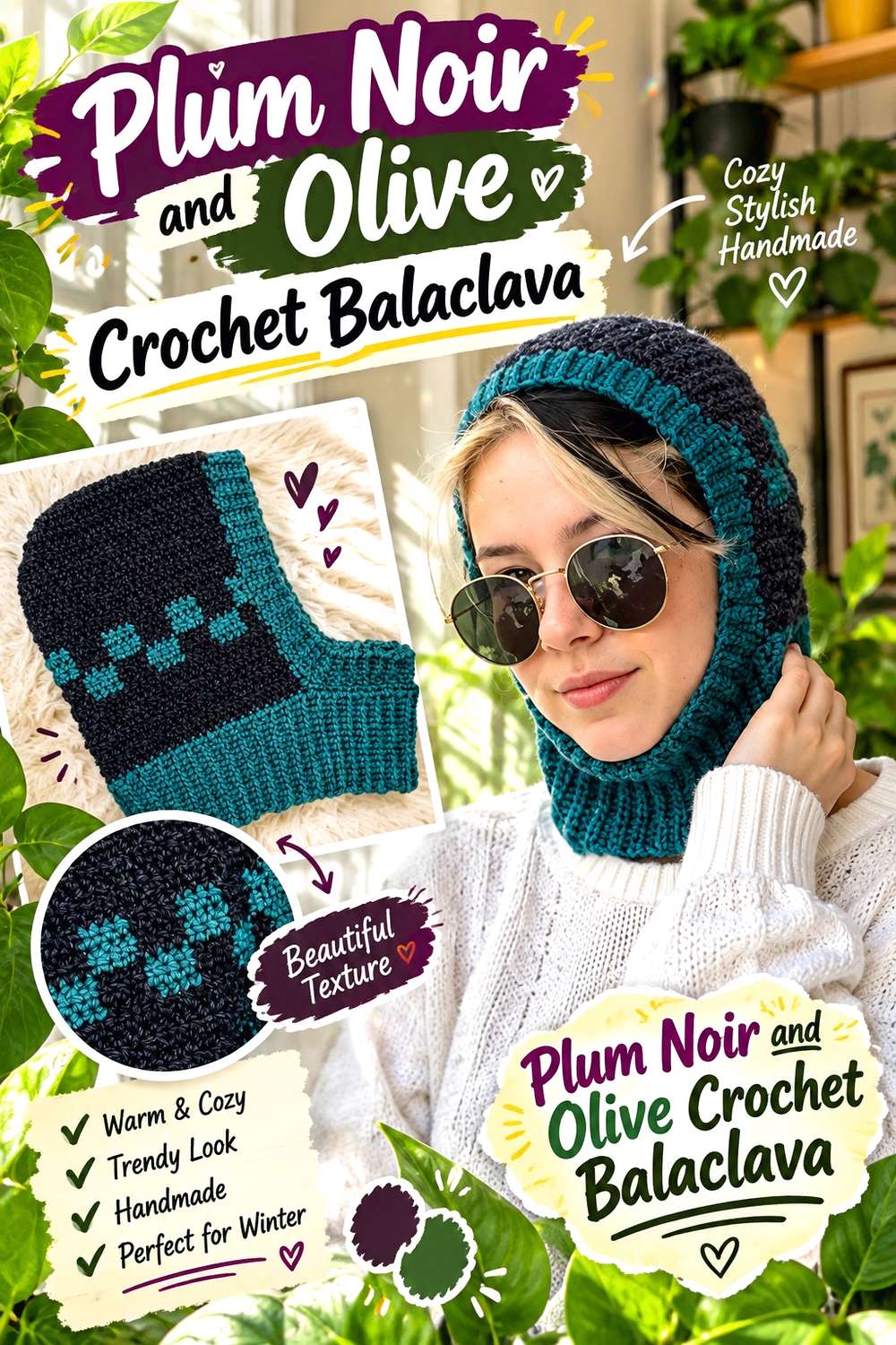 Plum Noir and Olive Crochet Balaclava