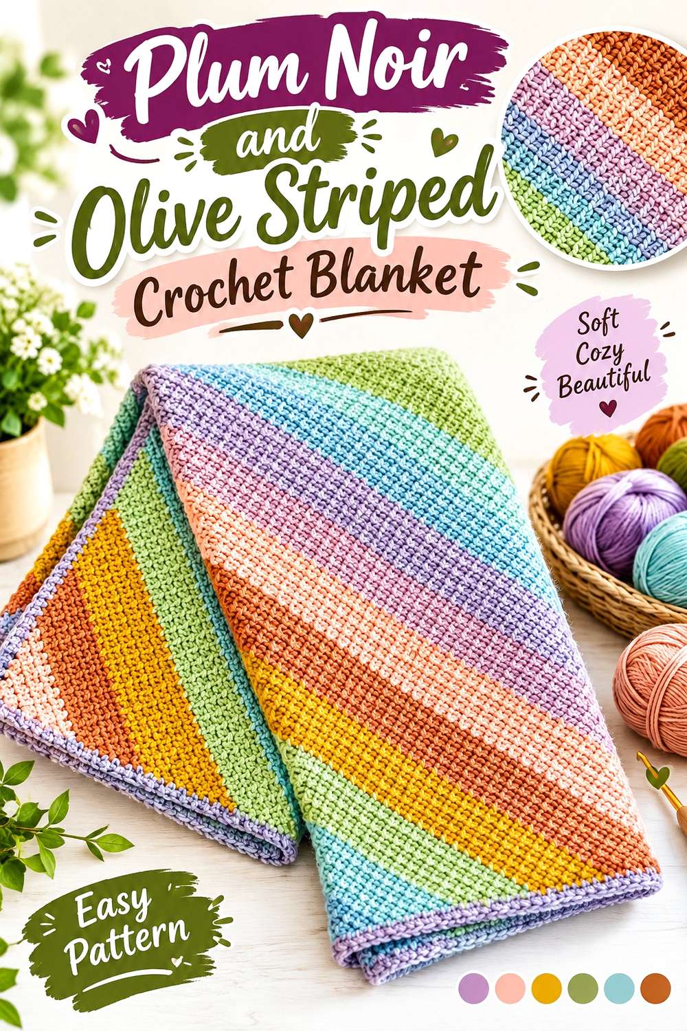 Plum Noir and Olive Striped Crochet Blanket